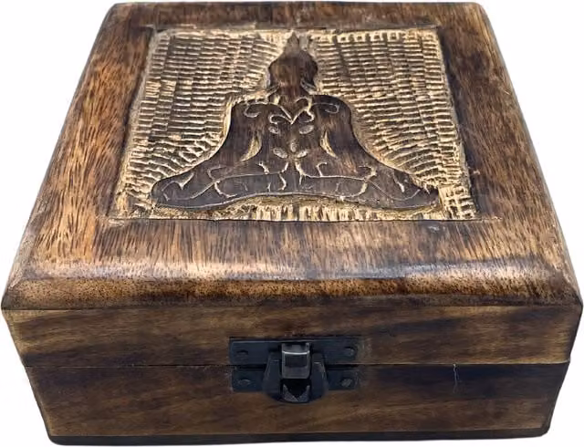 KDMD Square Wooden Buddha Keepsake Box in Brown, W/D/H: 13 x 13 x 6 cm – 1