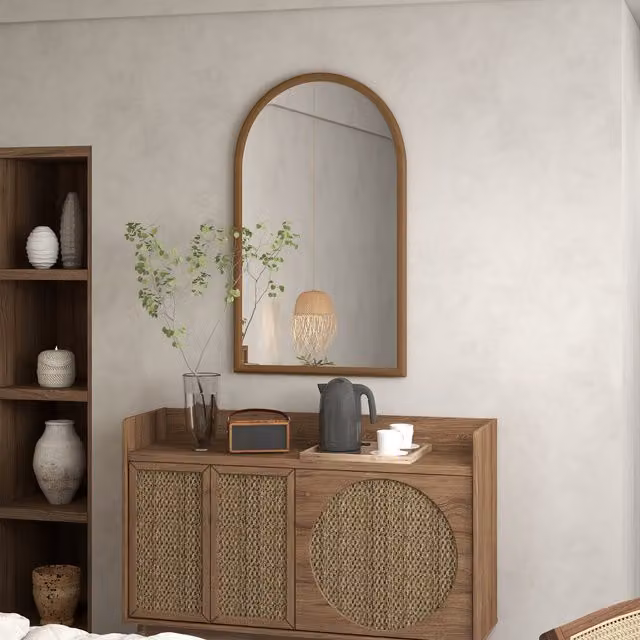 HOMCOM Modern Arched Wall Mounted Wood and Glass Mirror in Brown