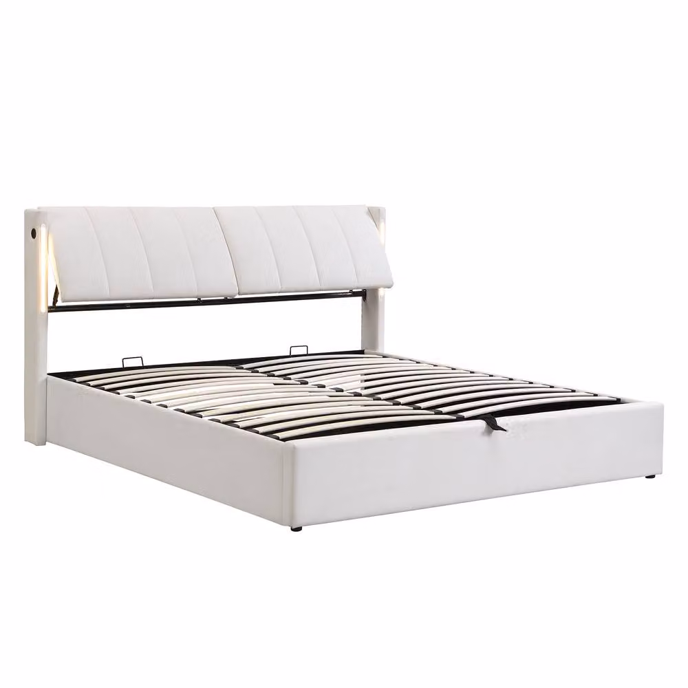 Merax King Upholstered Ottoman Bed Frame in White with LED Lighting and USB Charging Port – 5