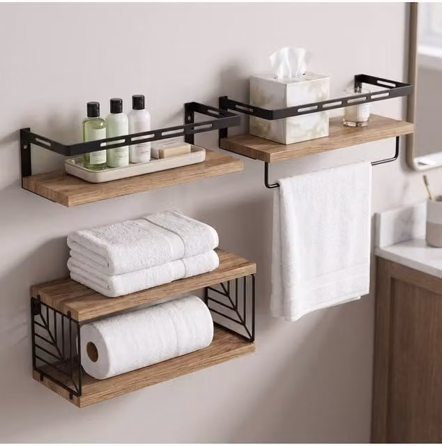 Living and Home Rustic Brown Wall-Mounted Floating Shelves Storage Organiser with Hanging Rod