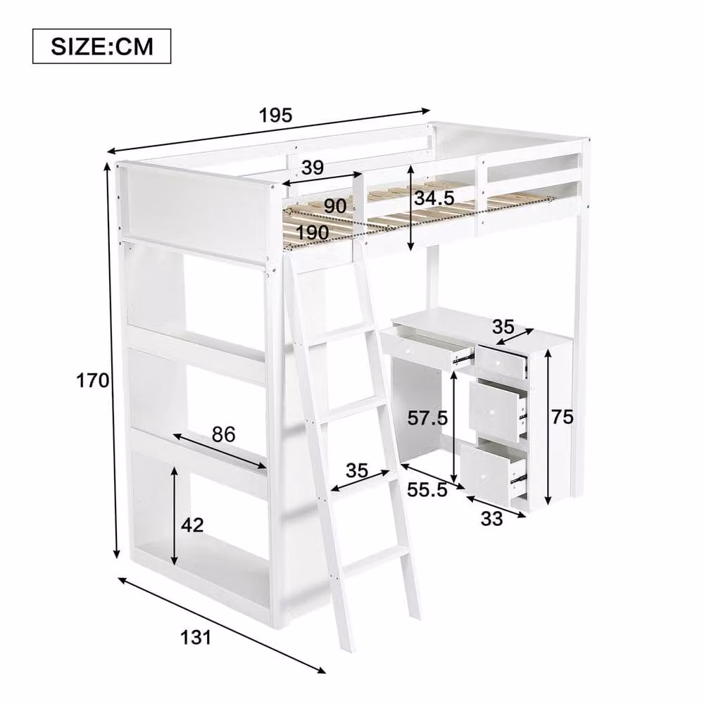 Rolipo White Wooden High Sleeper Bed with Desk and Storage Drawers, 3ft Single – 2