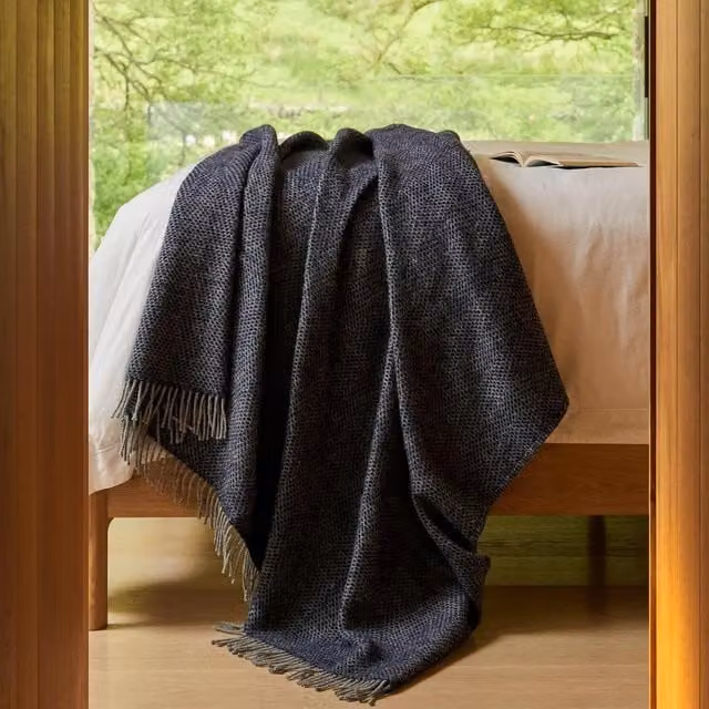 Tweedmill Beehive XL Wool Throw Blanket with Fringes in Navy Blue Geometric Design