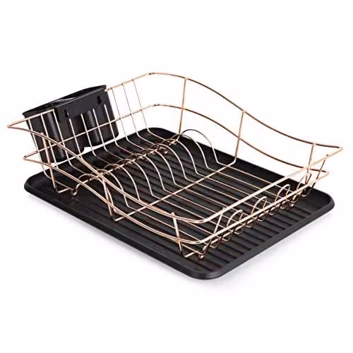 Tower Stainless Steel Dish Rack with Drip Tray and 2 Removable Cutlery Holders, Black and Gold, T81400RB