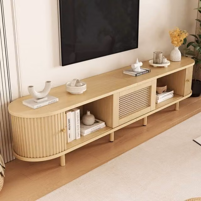 BTM Brown TV Stand Cabinet with Rattan Drawer and Sliding Doors, W/D/H: 180 x 40 x 40 cm