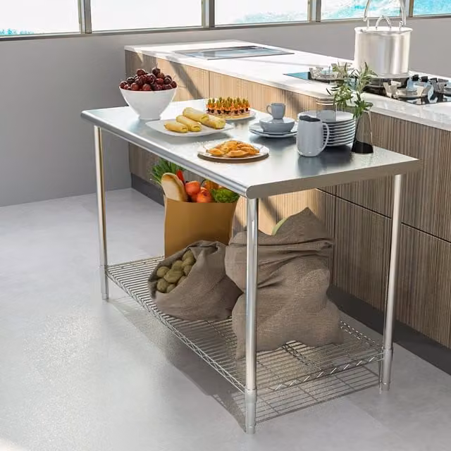 Livingandhome Silver Stainless Steel Commercial Food Prep Work Bench with Four Legs, Width: 120 cm