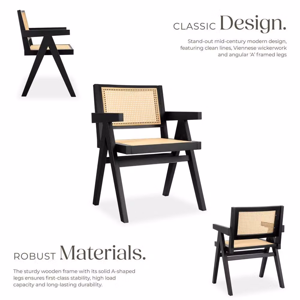 tectake Lizzy Set of 6 Mid-Century Dining Chairs with Armrests in Black Rattan-Style Synthetic Leather and Wood – 3