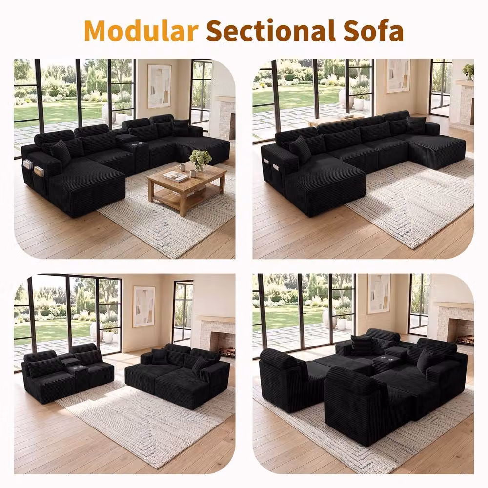 Merax 370cm U-Shape Modular Corner Sofa with Reversible Chaise and Cup Holders in Black Corduroy Velvet – 5