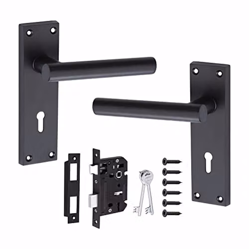 Golden Grace T-Bar Lever Backplate Door Handle Key Lock Set in Matt Black