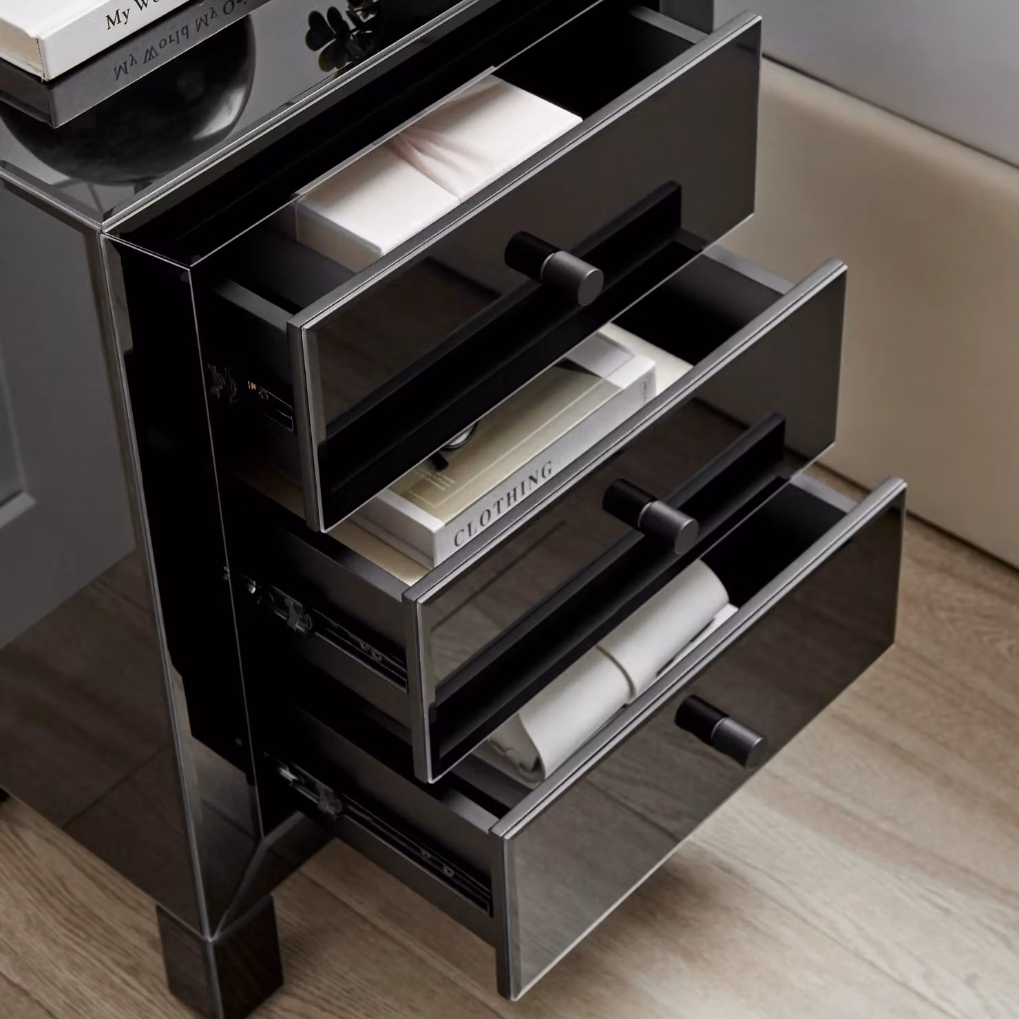 FurnitureboxUK Lexi Large Wooden Bedside Table with 3 Drawers and Modern Black Mirrored Finish – 2