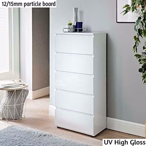 Spot on dealz White 5 Drawer Modern Slim Chest of Drawers and Bedside Cabinet – 2