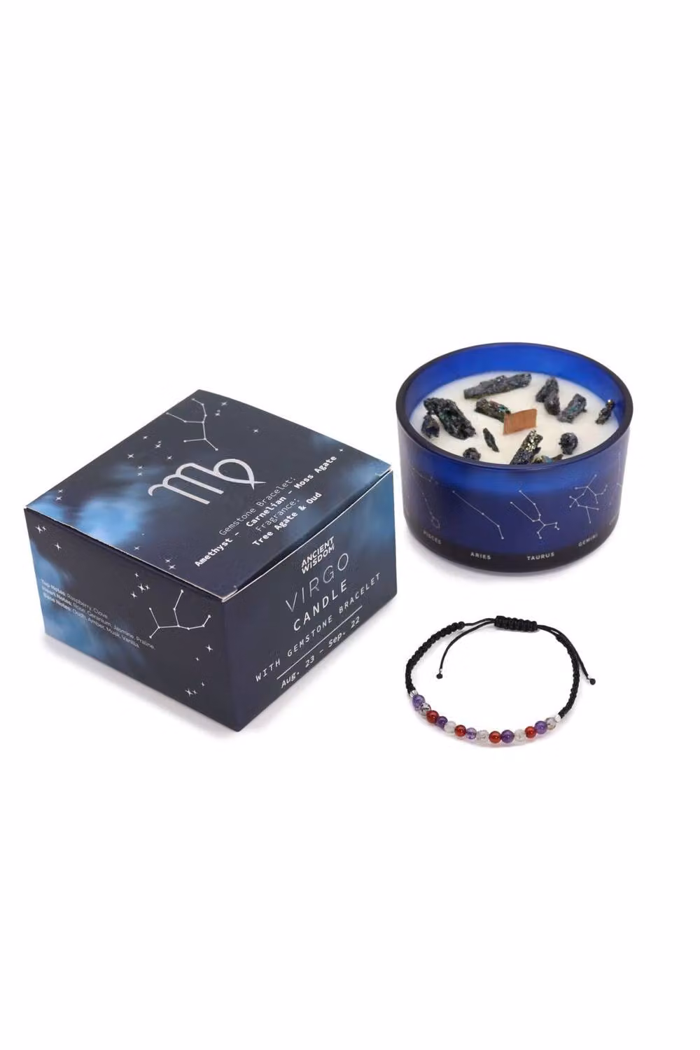 KDMD Virgo Zodiac Crystal Candle and Gemstone Bracelet Set with Oud Fragrance in Blue – 2