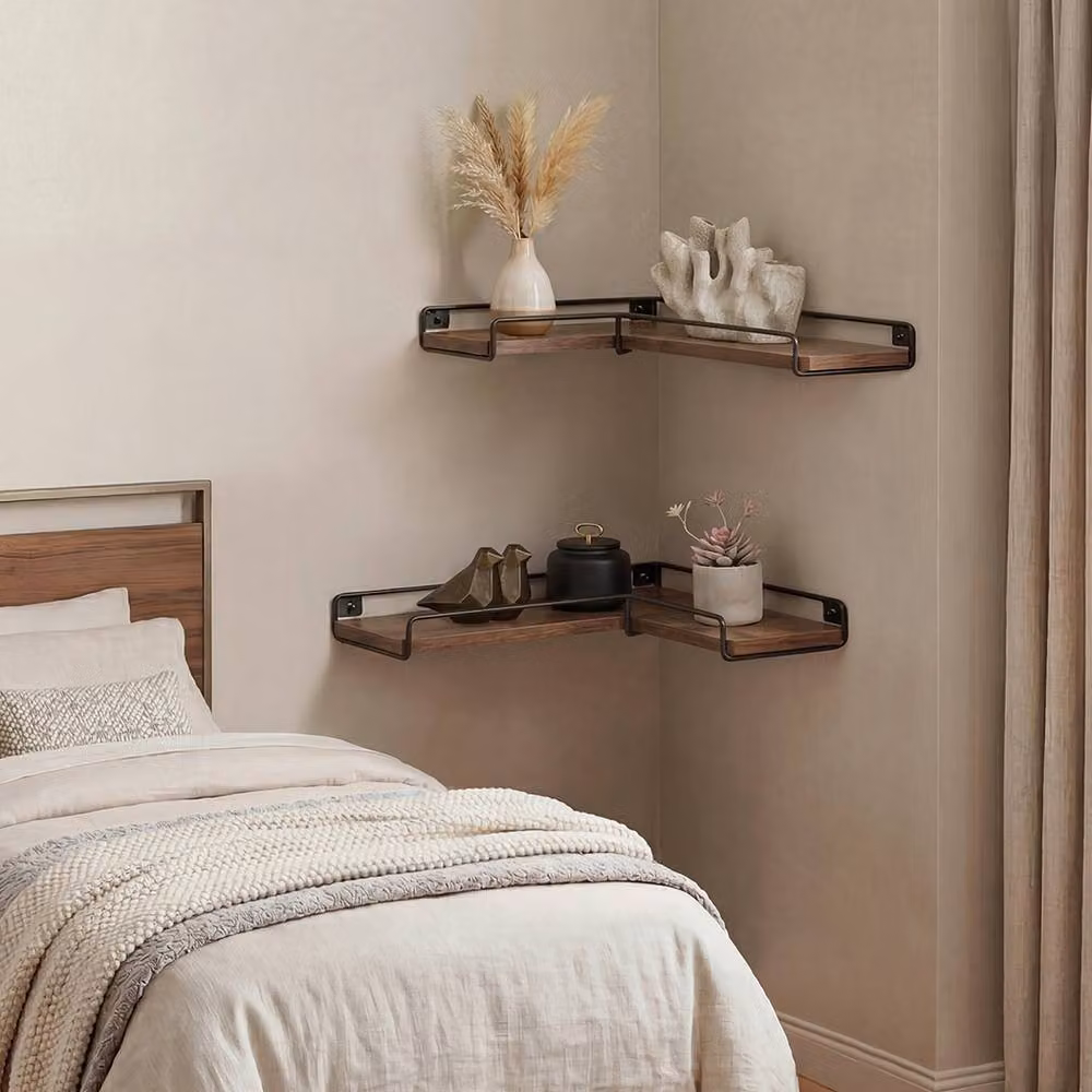Levede Set of 2 L-Shaped Brown Corner Floating Shelves, Wall Mounted – 2