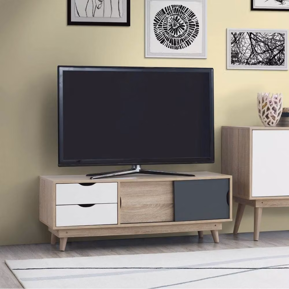ERGOVEXA Oak TV Unit Stand Media Cabinet with 2 Drawers and 2 Sliding Doors in Brown – 3