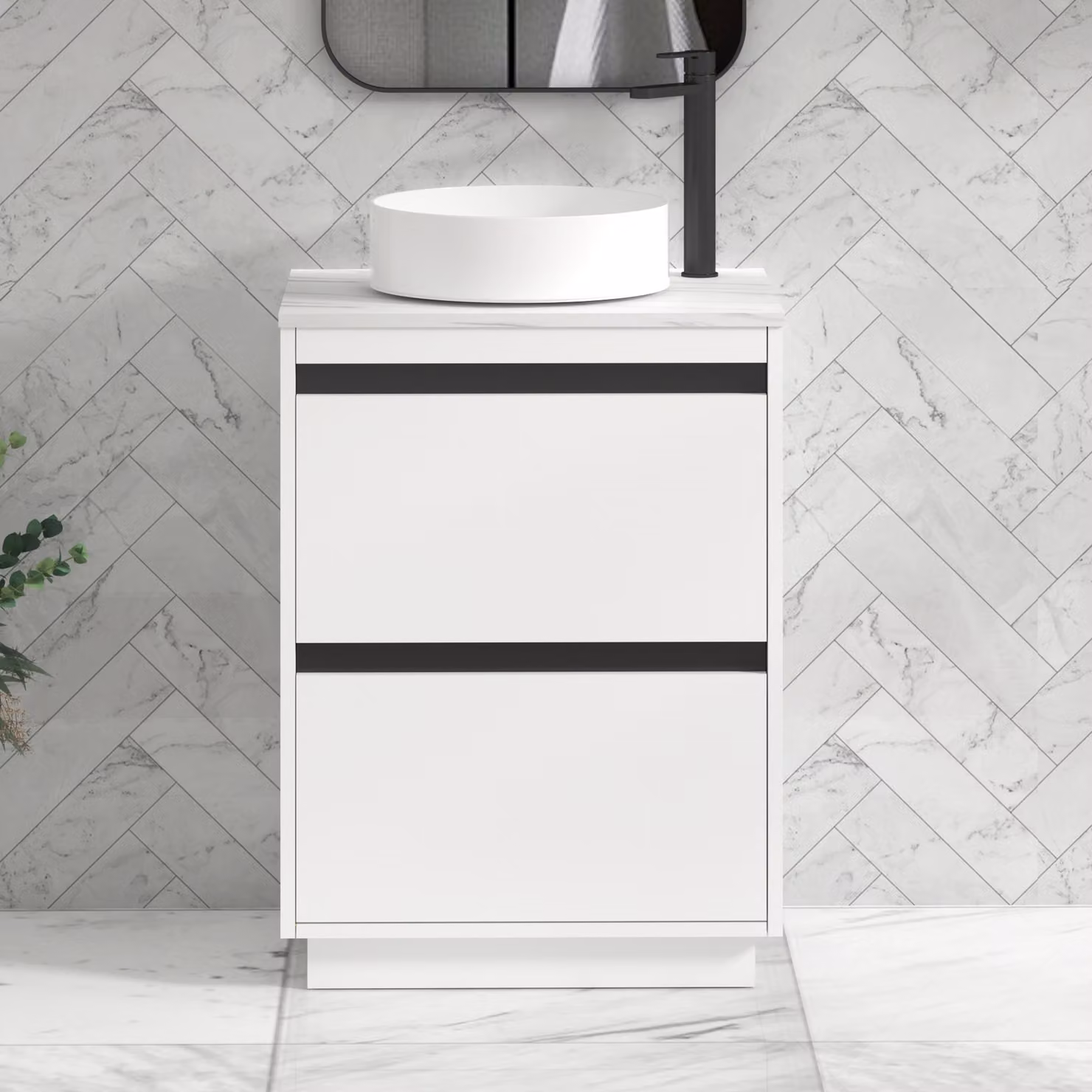Royal Bathrooms Orion 600mm Matt White Floor Standing Countertop Vanity Unit with 2 Drawers, Art Basin and Black Accent Trim