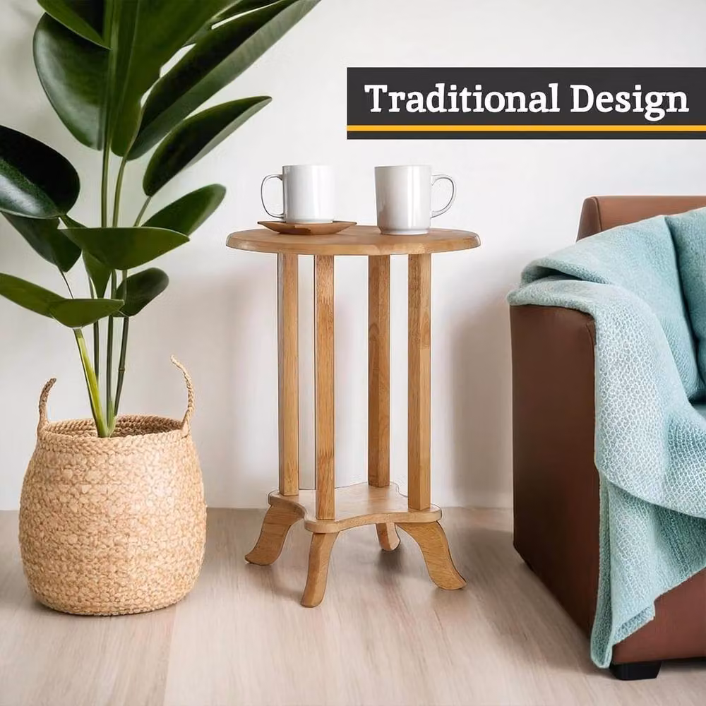 FORGEVIO Small Round Wooden Side Table and Plant Stand in Natural Brown – 3