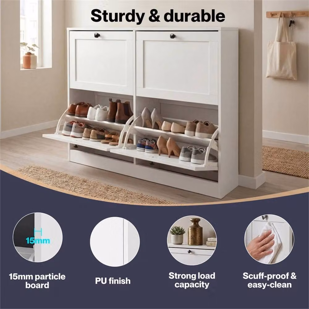 EONLION Slim White Shoe Cabinet with Tilting Compartments and Internal Shelves – 3