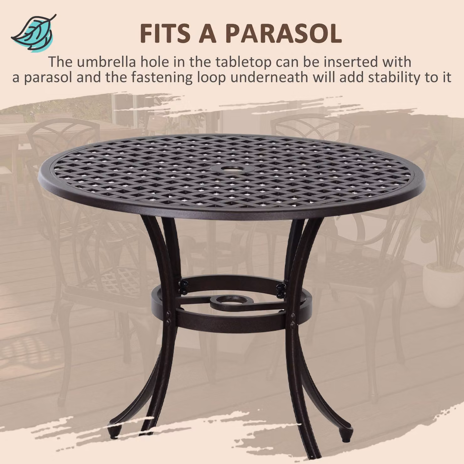 Outsunny 4-Seater Cast Aluminium Garden Dining Set with Round Table and Chairs in Brown – 4