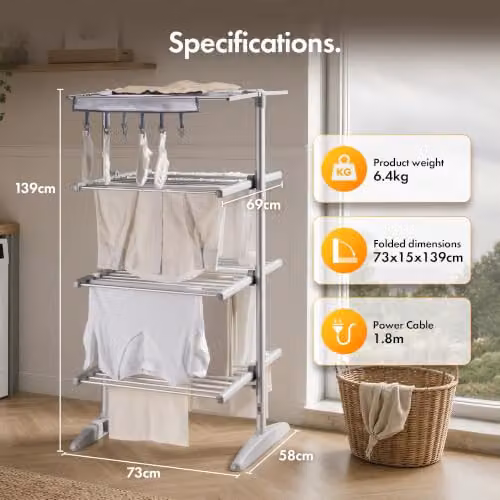 VonHaus Heated Clothes Airer, 3-Tier Electric Laundry Drying Rack in Grey and Silver – 2