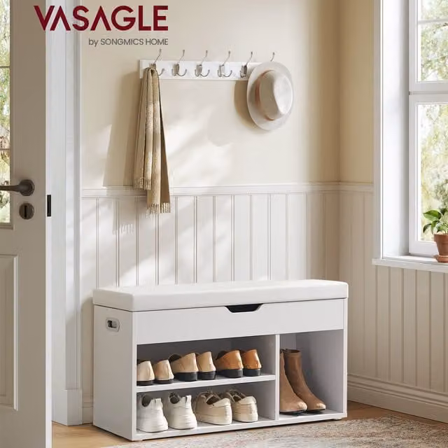 VASAGLE Shoe Bench with Padded Synthetic Leather Seat and 3 Compartments, White, W/D/H: 80 x 30 x 44 cm