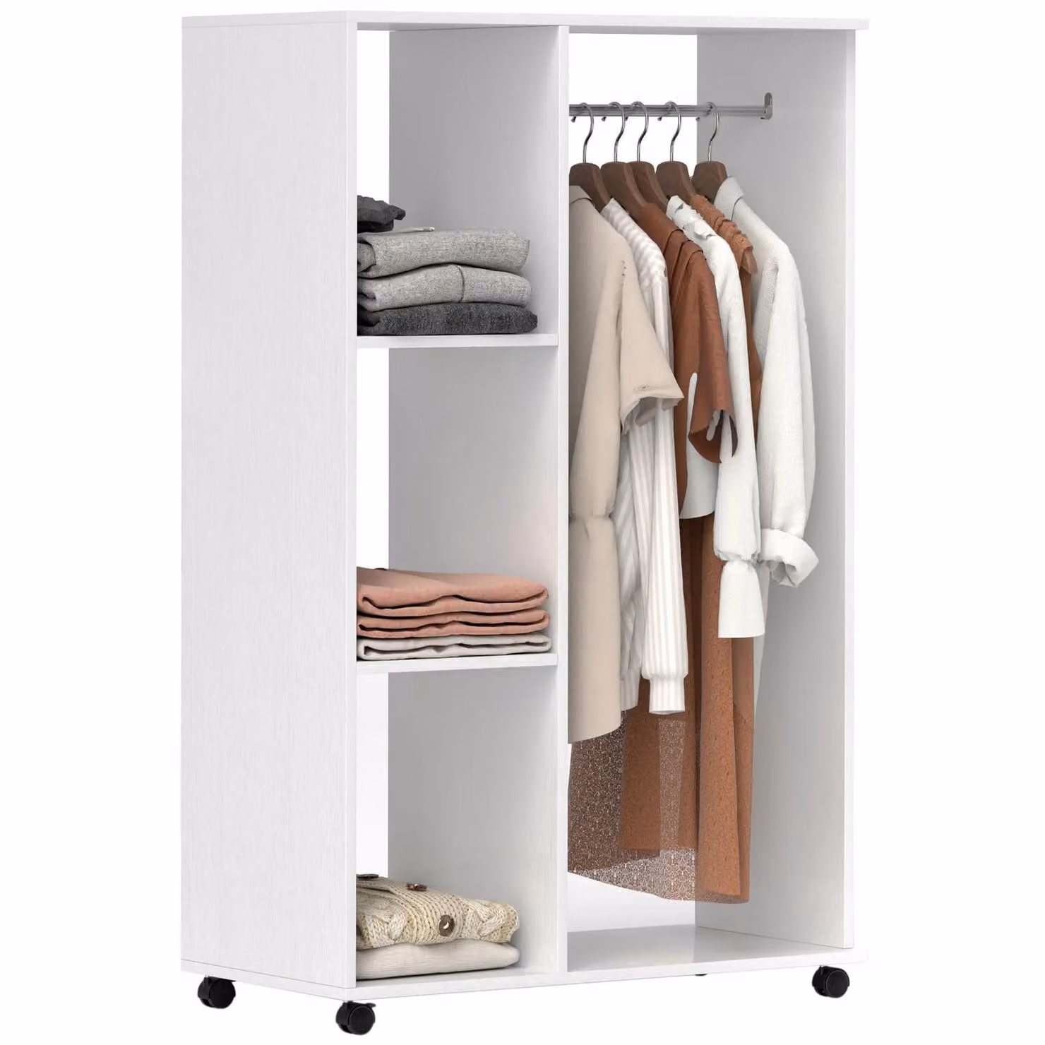 HOMCOM Rolling Open Wardrobe with Hanging Rail and Storage Shelves in White