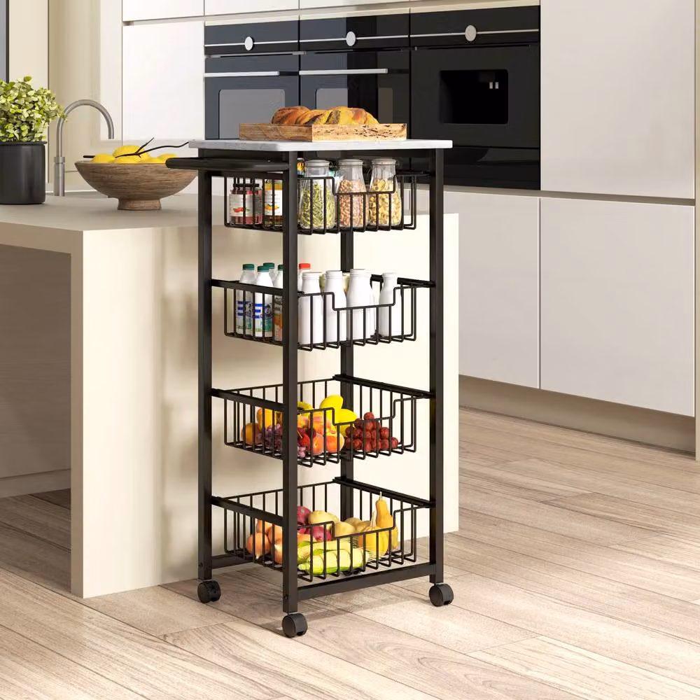 STILVORA Kitchen Trolley with 4 Baskets and Marble-Effect Top in Black, W: 49.5 cm, D: 31.0 cm, H: 91.0 cm – 2
