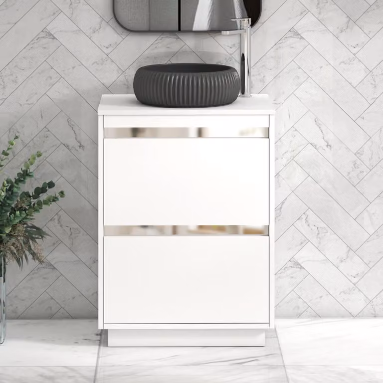 Royal Bathrooms Orion 600mm Matt White Floor Standing 2 Drawer Vanity Unit with Milan Black Basin and Chrome Accent Trim