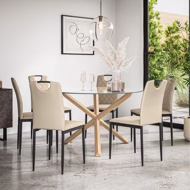 More4Homes Malvern Round Glass Dining Table with Oak Legs and 6 Beige Monza Faux Leather Chairs