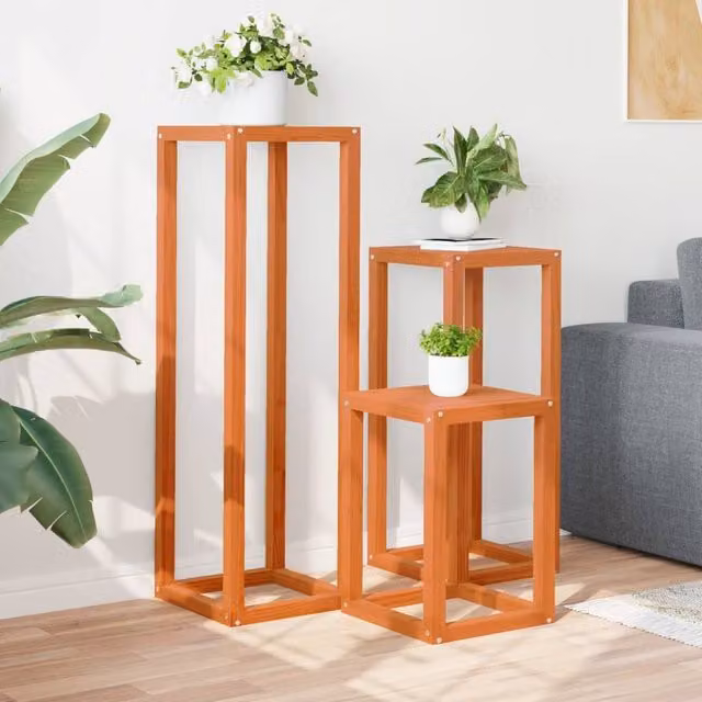 Berkfield Home Set of 3 Waxed Brown Solid Wood Pine Plant Stands – 1