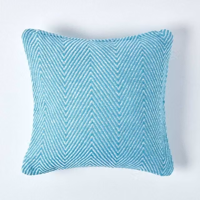 Homescapes Cotton Halden Graphic Square Cushion Cover in Petrol Blue and Grey, W/D/H: 45 x 45 x 45 cm