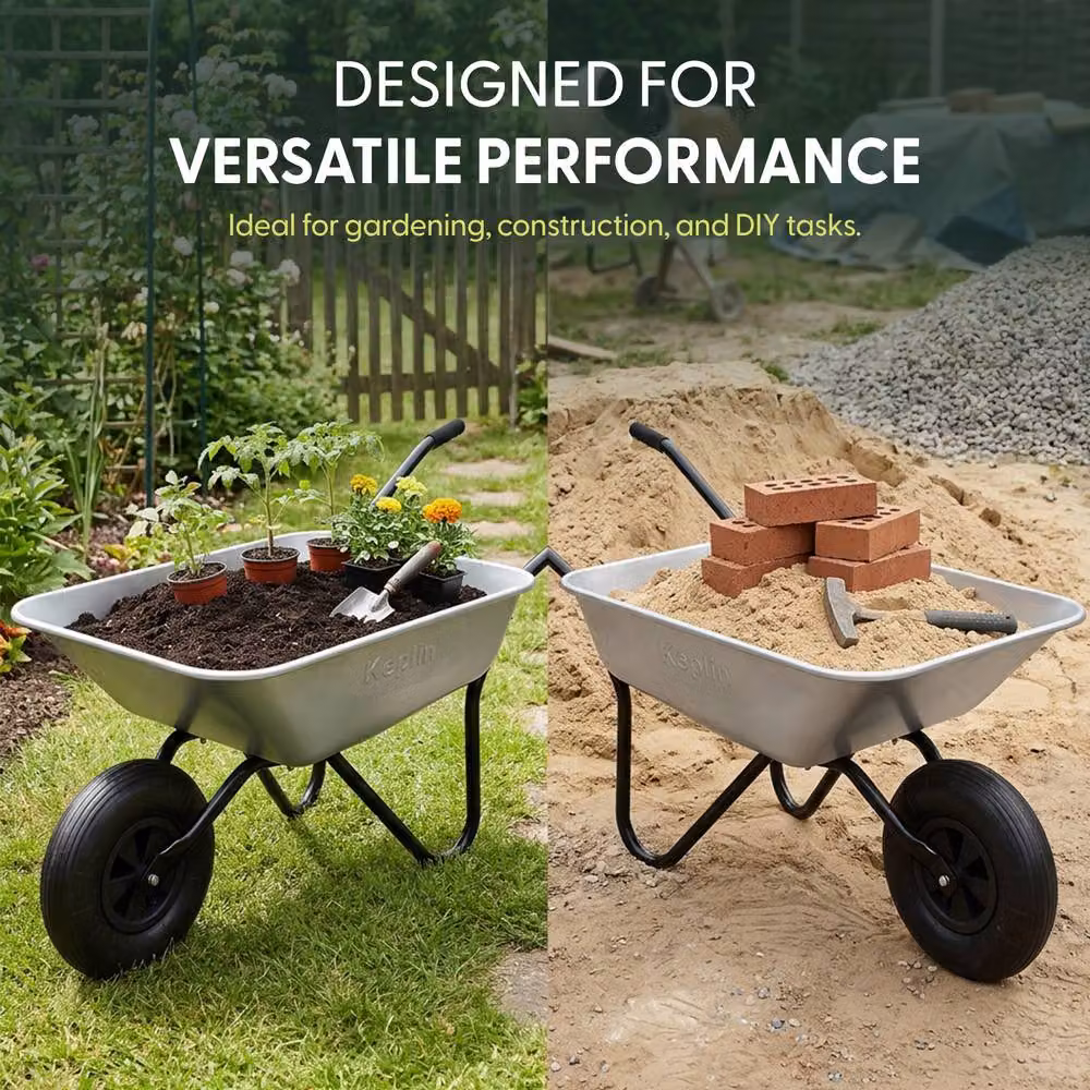 Keplin 65L Garden Wheelbarrow with Pneumatic Tyre, 100kg Load Capacity in Metallic Silver – 5