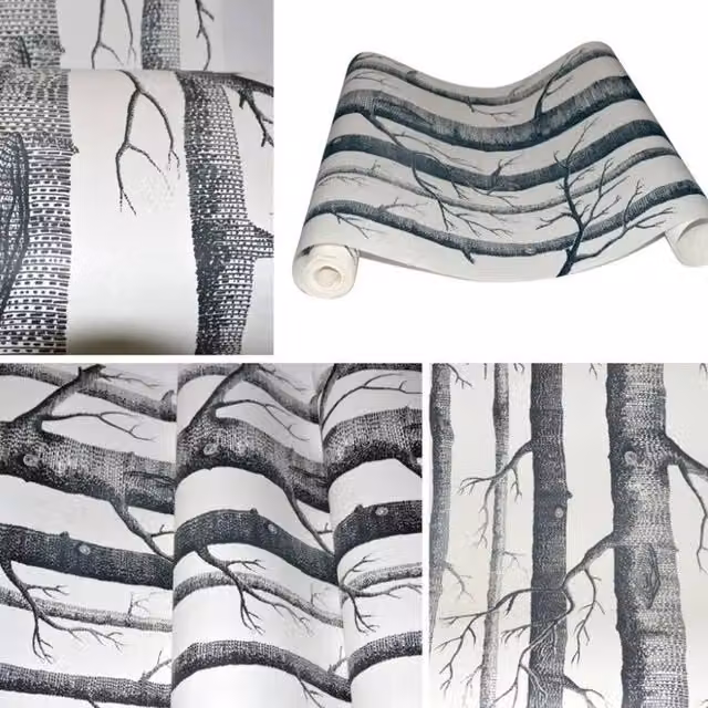 FLAVORA Black and White Forest Woods 3D Birch Tree Wallpaper Roll, W: 100 cm x H: 100 cm