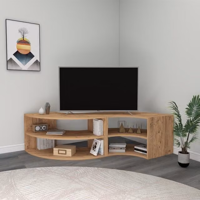 Destina Home Melitta Corner TV Stand with Shelving Unit in Brown Wood