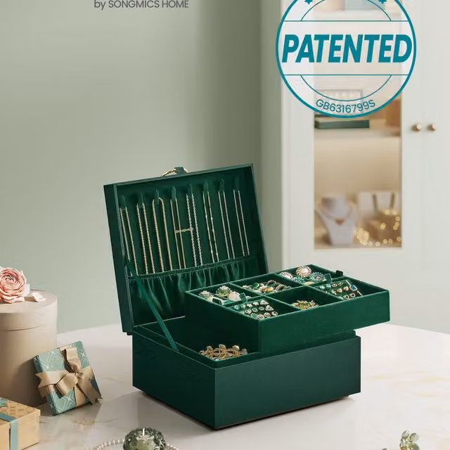 SONGMICS 2-Layer Jewellery Box Organiser with Handles, Green