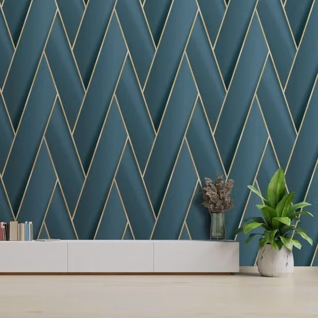 Debona Armando Herringbone Geometric Wallpaper in Petrol Blue – 1