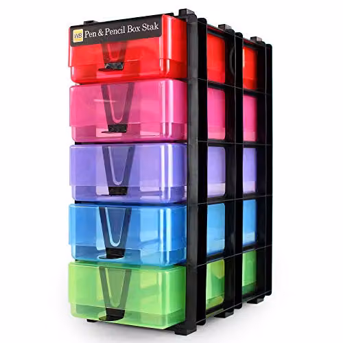 WestonBoxes Stackable Stationery Storage Unit with 5 Multi-Compartment Boxes in Multicolour and Transparent Plastic, W/D/H: 23.5 x 32.5 x 14.5 cm – 2