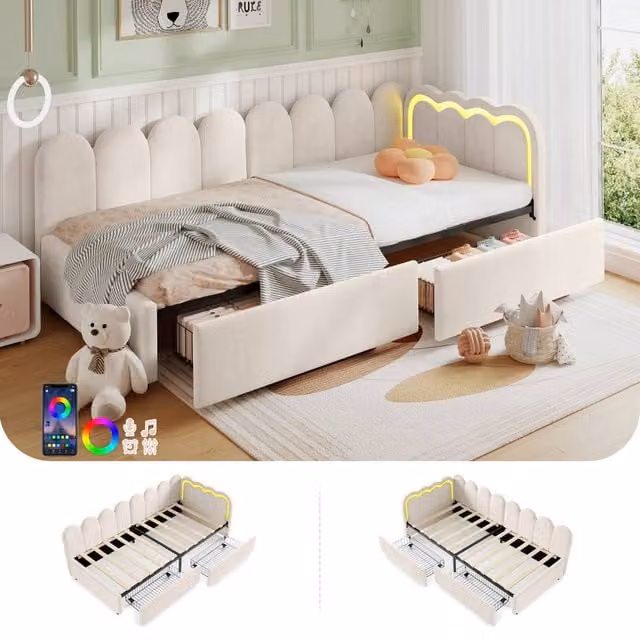 ModernLuxe Single Daybed with LED Under-Bed Lighting and 2 Storage Drawers in Beige Velvet Fabric, W/D/H: 90 x 190 cm – 1