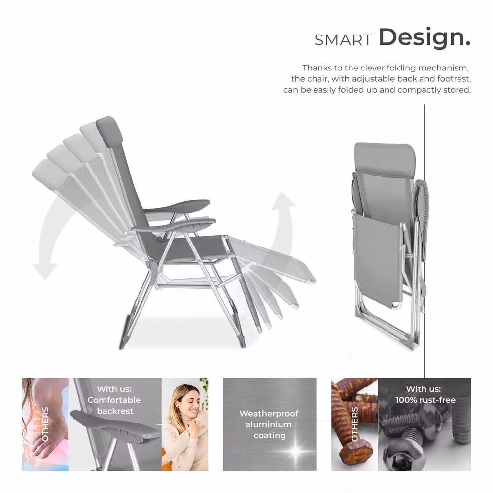 tectake 2-Seater Folding Aluminium Garden Chairs with Adjustable Headrest and Footrest in Grey – 3