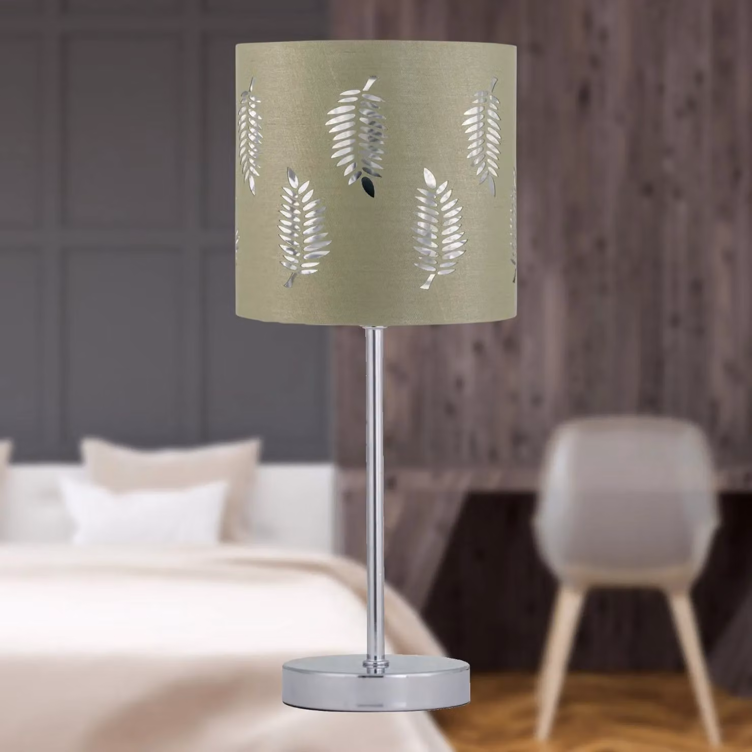 First Choice Lighting Chrome Stick Table Lamp with Green Fabric Shade – 3