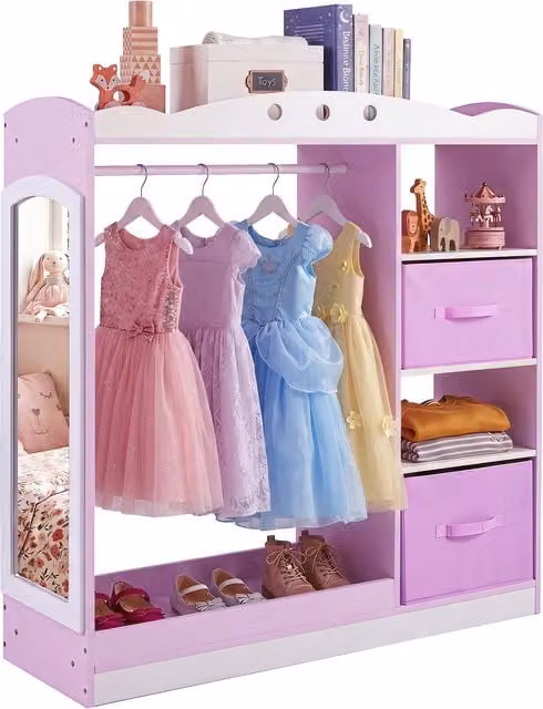 Costway Pink Kids Dress Up Storage Unit with Integrated Drawers, Hanging Rod, Internal Shelves and Mirror