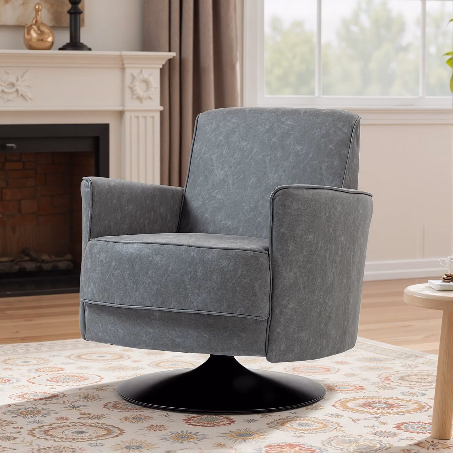 HOMCOM Grey Upholstered Swivel Accent Chair with Armrests and Spring Core Support – 4