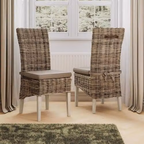 FWStyle Pair of Greywash Handmade Kubu Rattan Dining Chairs with Light Wood Legs, H 102 cm x W 45 cm x D 60 cm – 2