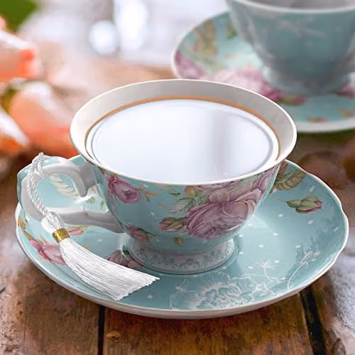 London Boutique Turquoise and White Floral Tea Cup and Saucer Set of 2 in New Bone China – 1