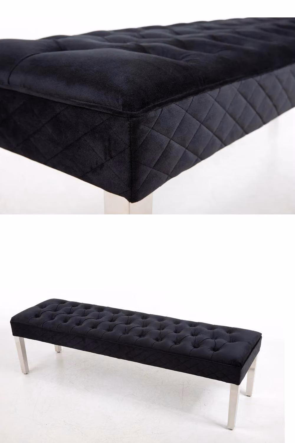 Modernique Precious Velvet Stitched Dining Bench in Black with Solid Chrome Legs – 2