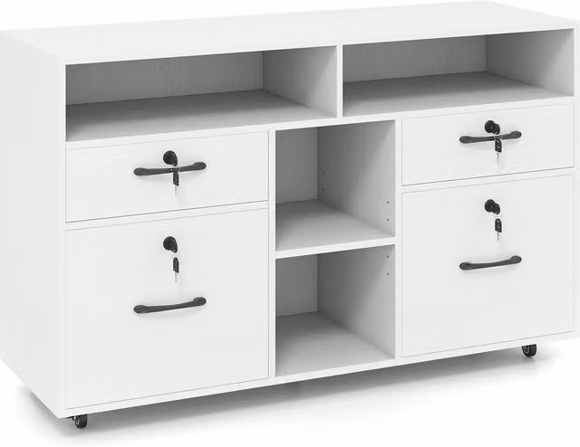 COSTWAY Modern Mobile Lateral Filing Cabinet in Matt White