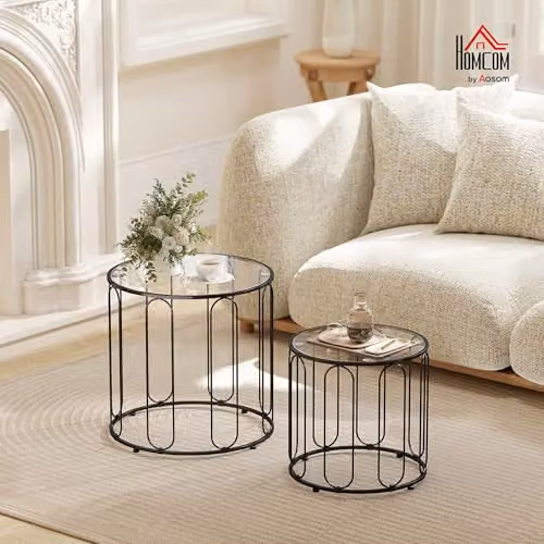 HOMCOM Set of 2 Round Glass Nest of Tables with Metal Frame, Black – 2