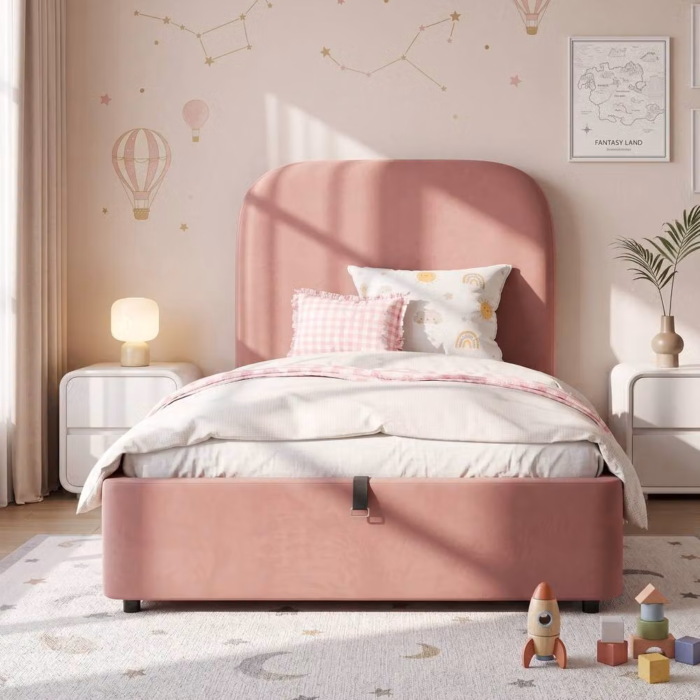 ModernLuxe Pink Velvet Upholstered Single Kids Ottoman Bed with Headboard – 2