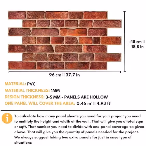 Novecrafto 3D Brick Effect Wall Panels, Red PVC Plastic Cladding, 6 Sheets, W/H: 96 x 48 cm – 4