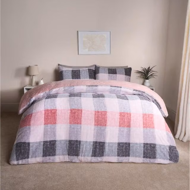 OHS Pink Gingham Check Teddy Duvet Cover, 180 x 200 cm