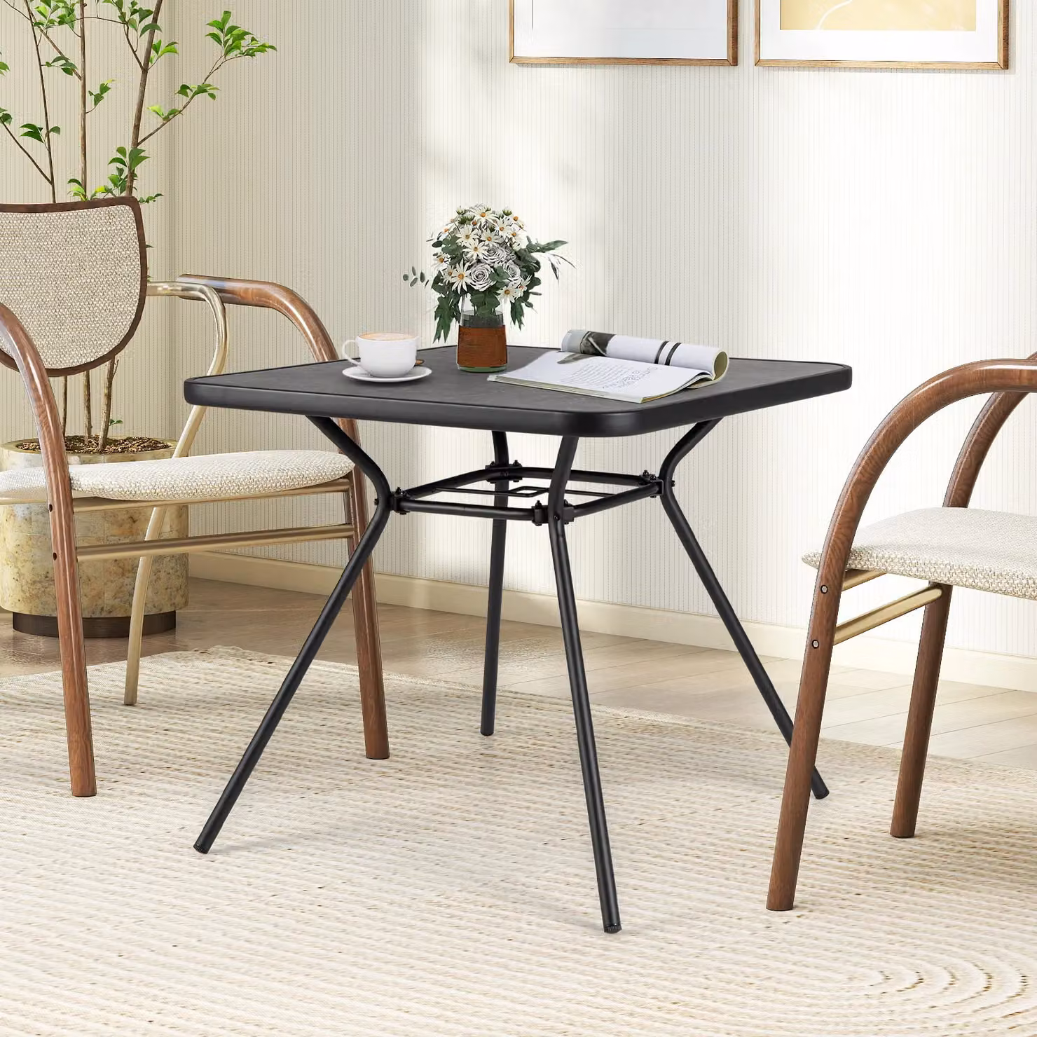 Costway Square Black Metal Patio Dining Table with Umbrella Hole for Garden and Terrace – 3