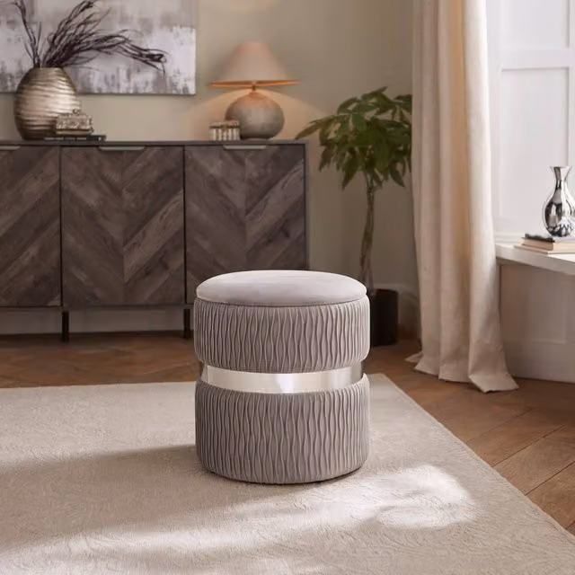 GFW Eden Grey Velvet Cylindrical Storage Stool
